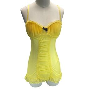 Fredericks Hollywood Chemise Women Small Yellow Mesh Ruffle Lace Up Lingerie